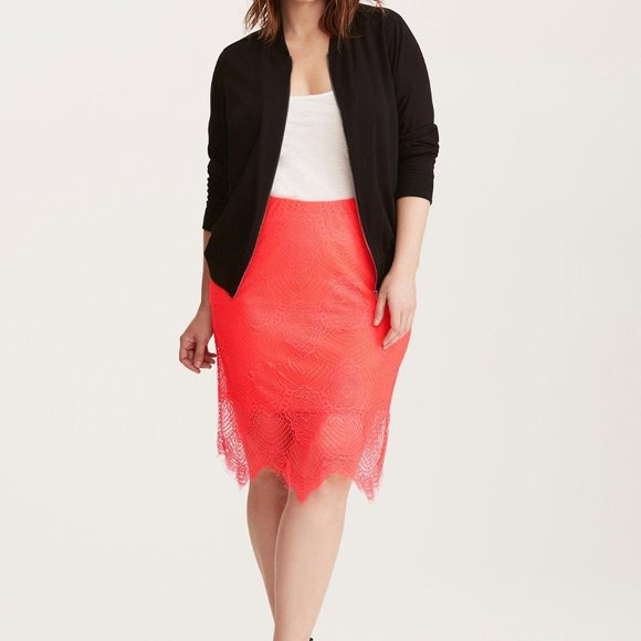 Torrid Womens Skirt Size 1x Neon Coral Orange Lace Overlay Pencil Midi Lined Zip - Picture 10 of 10